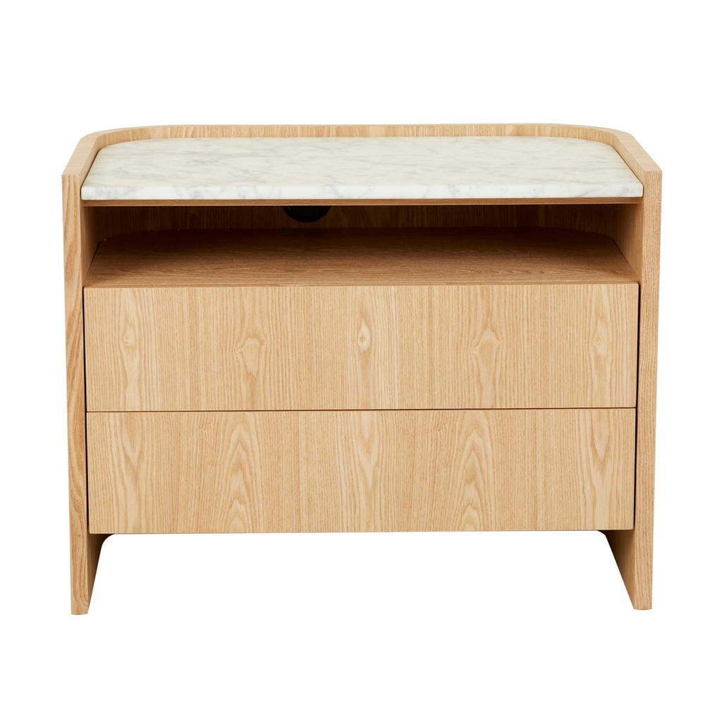 [ELSIE-TWO-DRAWER-BEDSIDE-WHITE-MARBLE-NATURAL-ASH-SIDE-ELSIE-2DR-NATURAL-ASH] Elsie Two Drawer Bedside - White Marble - Natural Ash