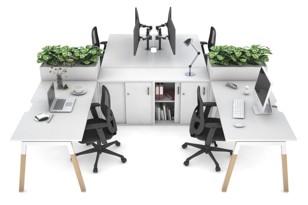 [NONE,QDW4148US.W.WT|0,4162()] Quadro Wood A Legs Cross Beam 4 Person Workstation with Uniform Spine [4 x (1400x800 with Cable Scallop)]