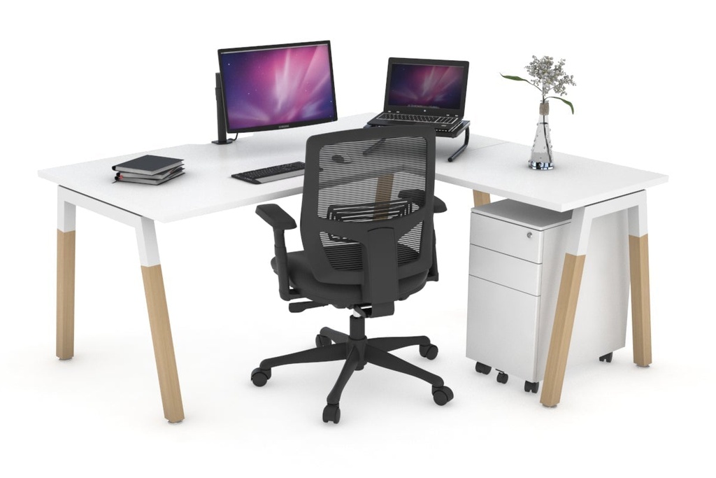 [NONE,QDWL16155.W.WT,NONE|0,1053,0()] Quadro A Legs - L Shaped Corner Office Desk - Wood Legs Cross Beam [1600L x 1550W with Cable Scallop]