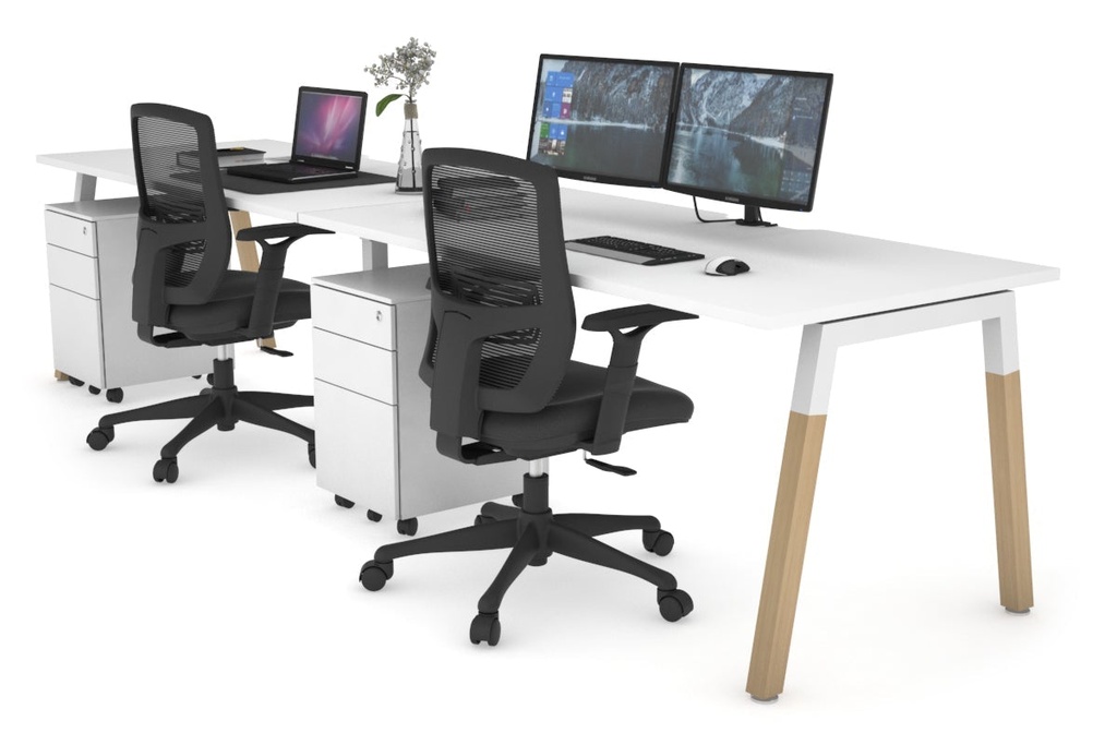 [NONE,QDWR2128.W.WT|0,1043()] Quadro A Legs 2 Person Run Office Workstation - Wood Legs Cross Beam [1200L x  800W with Cable Scallop]