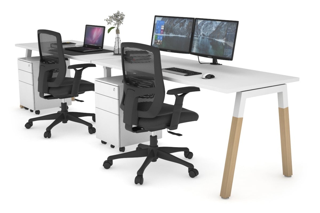 [NONE,QDWR2147.W.WT|0,1083()] Quadro A Legs 2 Person Run Office Workstation - Wood Legs Cross Beam [1400L x 700W]