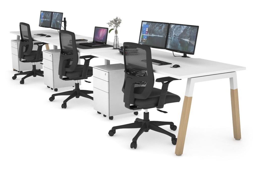 [NONE,QDWR3188.W.WT|0,1615()] Quadro A Legs 3 Person Run Office Workstation - Wood Legs Cross Beam [1800L x 800W with Cable Scallop]