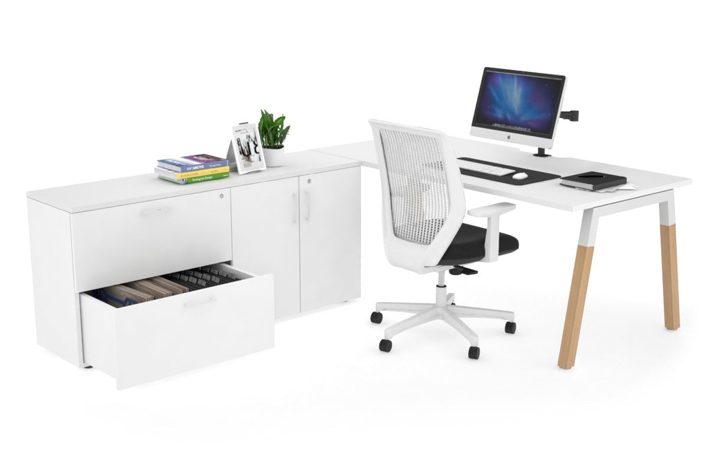 [QDW1808.W.WT,NONE,US0716BPT|715,0,525()] Quadro A Legs Executive Setting - Wood Legs White Cross Beam [1800L x 800W with Cable Scallop]