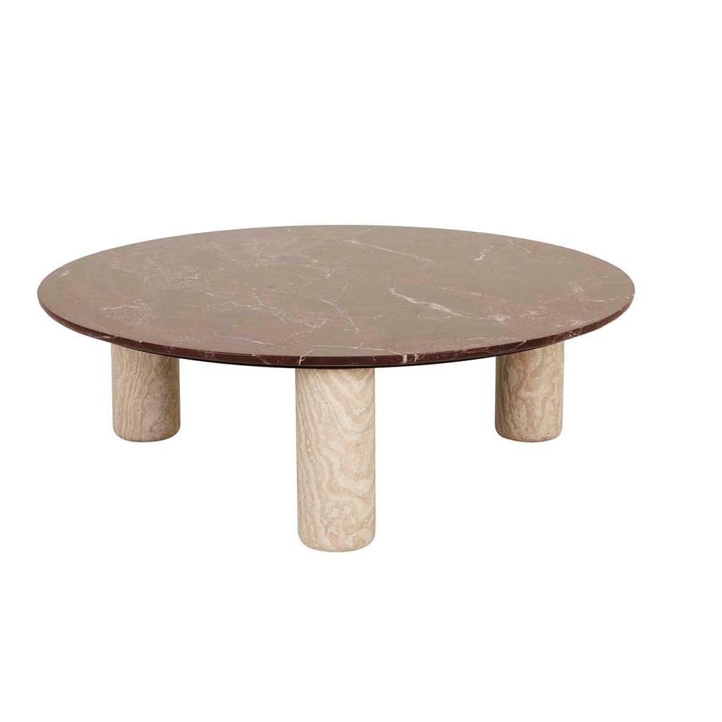 [CTO-ATLAS-ORB-ROUGE-MARBLE-NATURAL-TRAVERTINE] Atlas Orbit Coffee Table - Rouge Marble - Natural Travertine