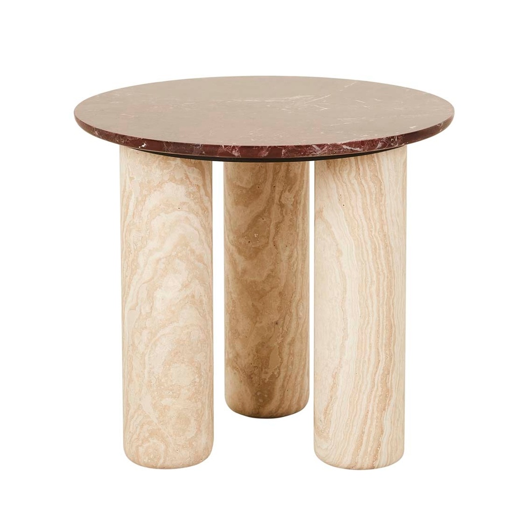 [ATLAS-ORBIT-SIDE-TABLE-ROUGE-MARBLE-NATURAL-TRAVERTINE-LTO-ATLAS-ORB-NATURAL-TRAVERTINE] Atlas Orbit Side Table - Rouge Marble - Natural Travertine