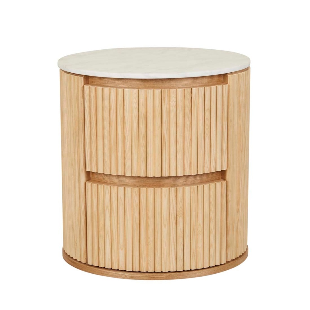 [BENJAMIN-RIPPLE-MARBLE-ROUND-BEDSIDE-MATT-WHITE-MARBLE-NATURAL-ASH-SIDE-BEN-RIP-RD-MAR-NATURAL-ASH] Benjamin Ripple Marble Round Bedside - Matt White Marble - Natural Ash